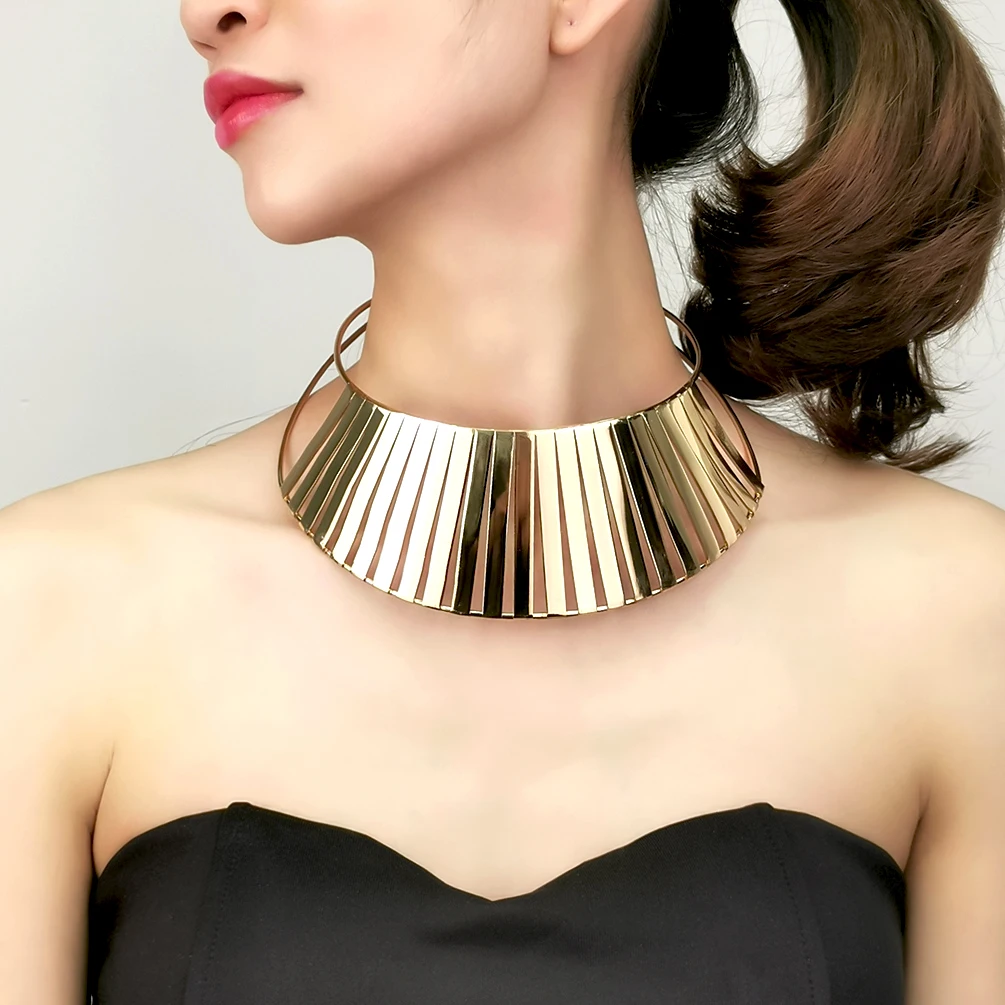 Fashion Indian Metal Torques Collar Choker Statement Necklaces For Women Gold Color Wide Metal African Jewelry MANILAI