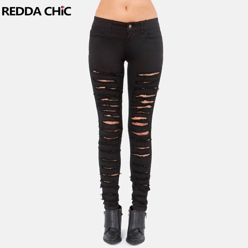 

REDDACHiC Women's Black Destroyed Jeans Pockets Grunge Low Waist Skinny Stretch Denim Pants Sexy Street Style Vintage Clothes