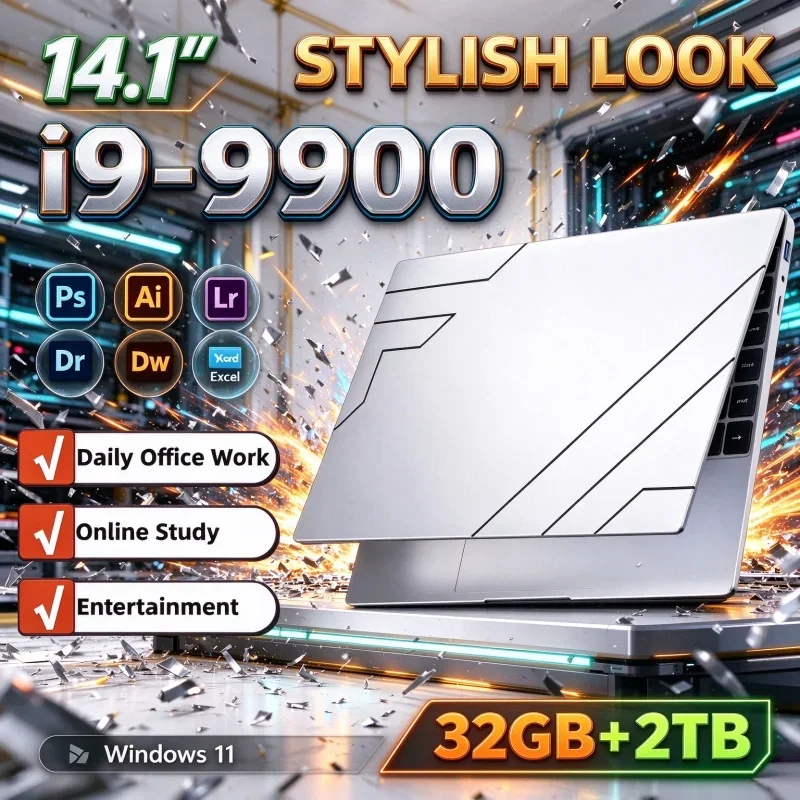 Laptop Intel I9 9900 Windows 11 14.1 Inch Durable Notebook Computer Gamer 32GB RAM 2TB SSD PC Gaming Office