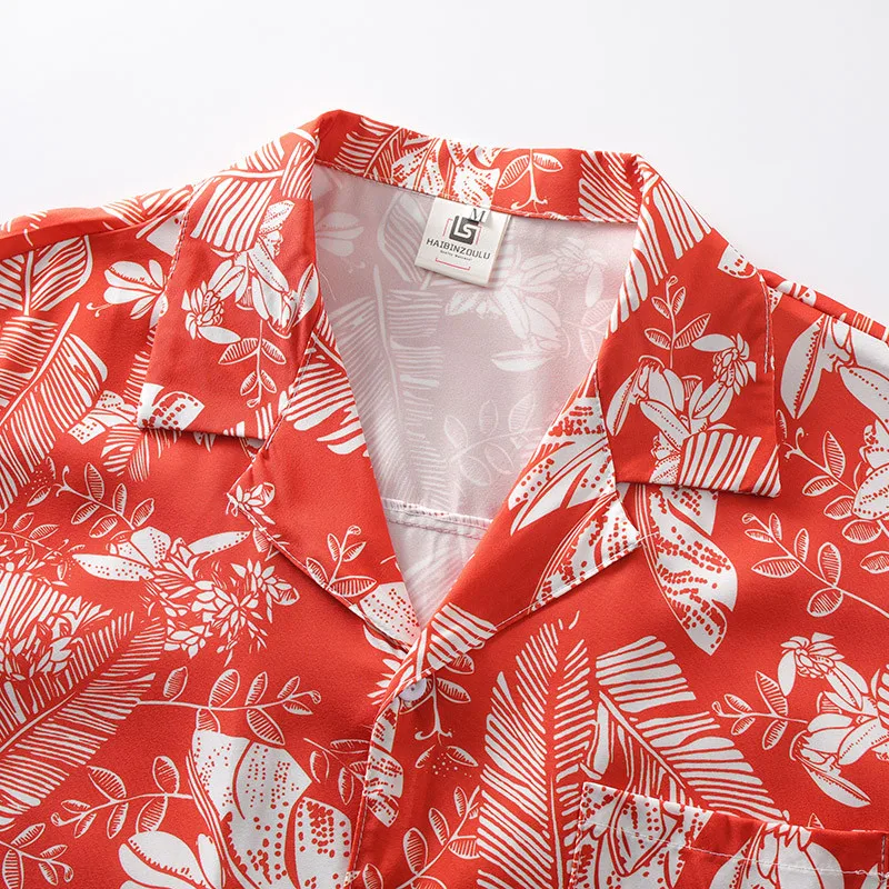 Chemise à col cubain rouge pour hommes, haut d'été fin à imprimé, vêtements essentiels pour fête sur la plage