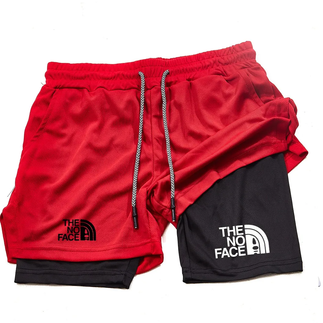 Printed 2-in-1 men's sports shorts with mobile phone pocket, quick drying shorts for summer gym exercise, running shorts