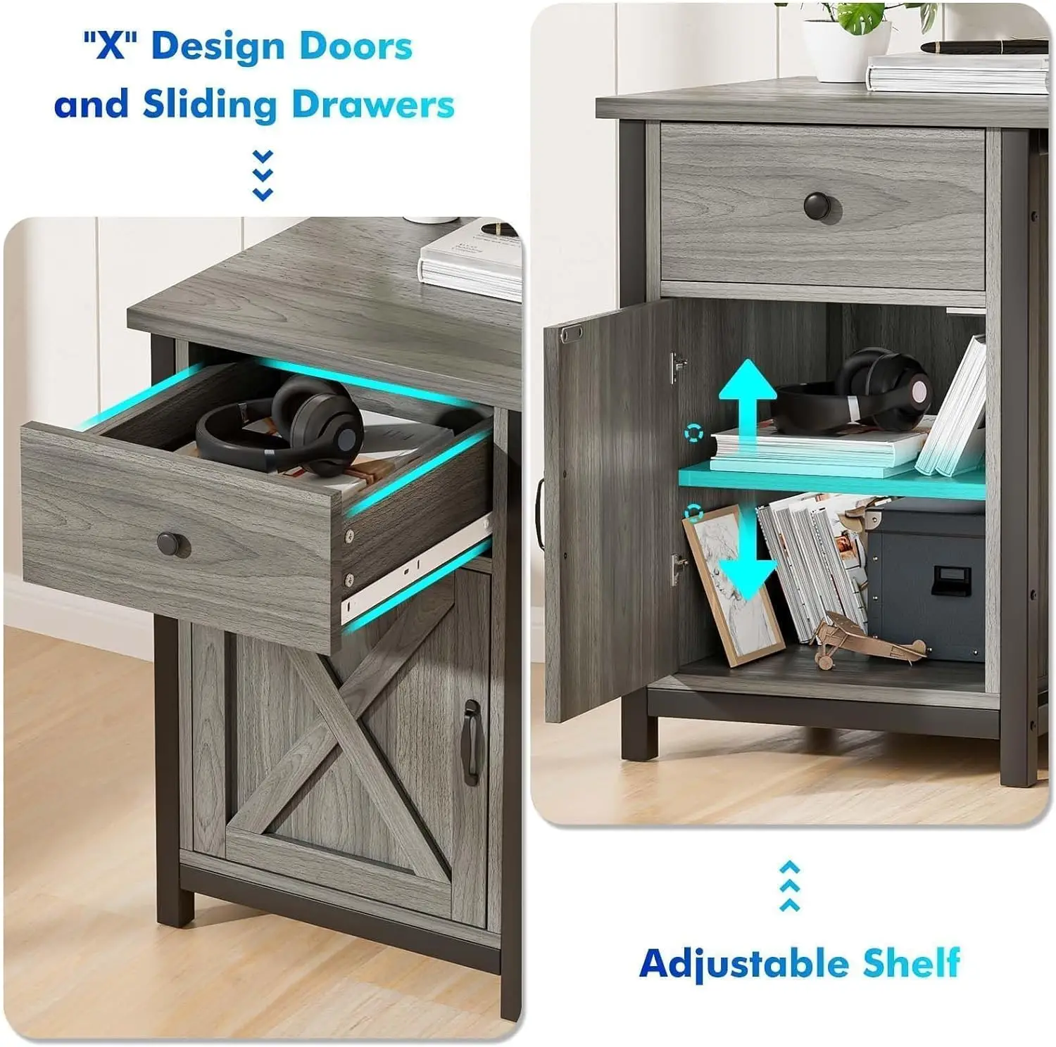 4 EVER WINNER L Shaped Desk with Storage Cabinet & Power Outlets, 63” Home Office Computer Desk with Drawer and Shelves for Corn