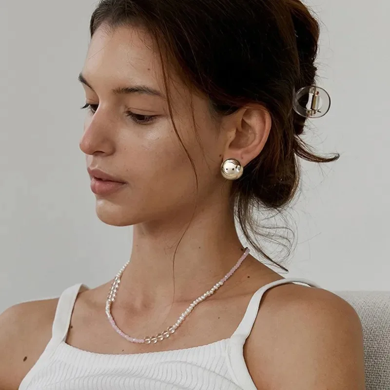 النمط الأوروبي فاسق الموضة هندسية نصف معدنية كبيرة الكرة أقراط مستديرة للنساء الفتيات اكسسوارات الحفلات