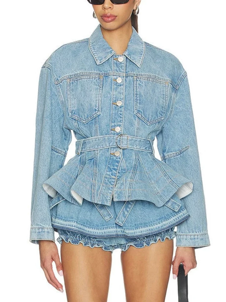 

Women Denim Shorts Two Piece Set Sexy Long Sleeves Single Jackets With Belt + Bow Shorts Suits Evening Cocktail Sets