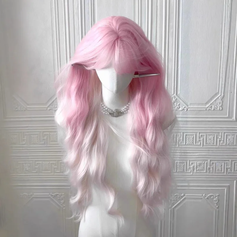 

Women's wig with pink and white gradient, wavy wool curls, long curly hair, full head cover