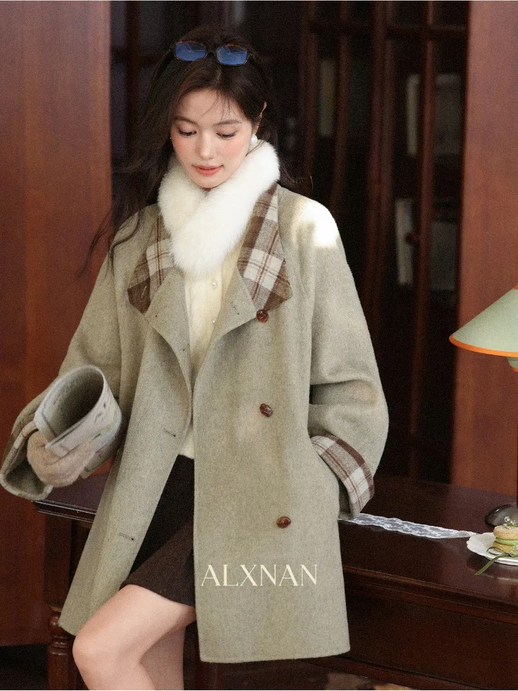 ALXNAN Winter Women Green Wool Coat Warm Plaid Patchwork Sheepskin Jacket 2025 Fashion Wool Outerwear Female L58870