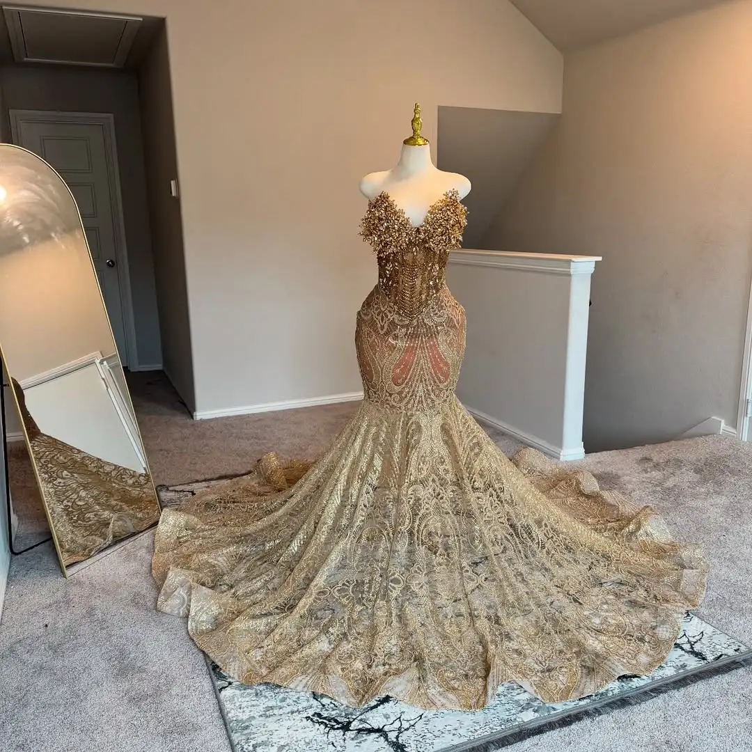 

ROSEINTHEBOX Sparkly Gold Diamonds Long Prom Dresses 2024 Mermaid Beads Crystal Sequins Birthday Party Gown Wedding Customized