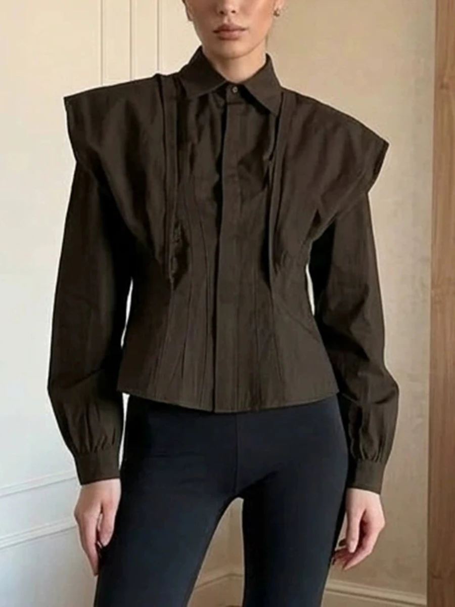 TWOTWINSTYLE Solid Pleated Shirts for Women Turn Down Collar Long Sleeve Vintage Shirt for Daily Street Casual Summer Fashion