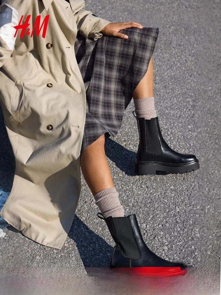 

H&M Women's Chelsea Boots Fashionable Thick Bottom Outdoor Shoes Polyester Fiber Mid-Calf Spring Autumn Pointed Toe Boots