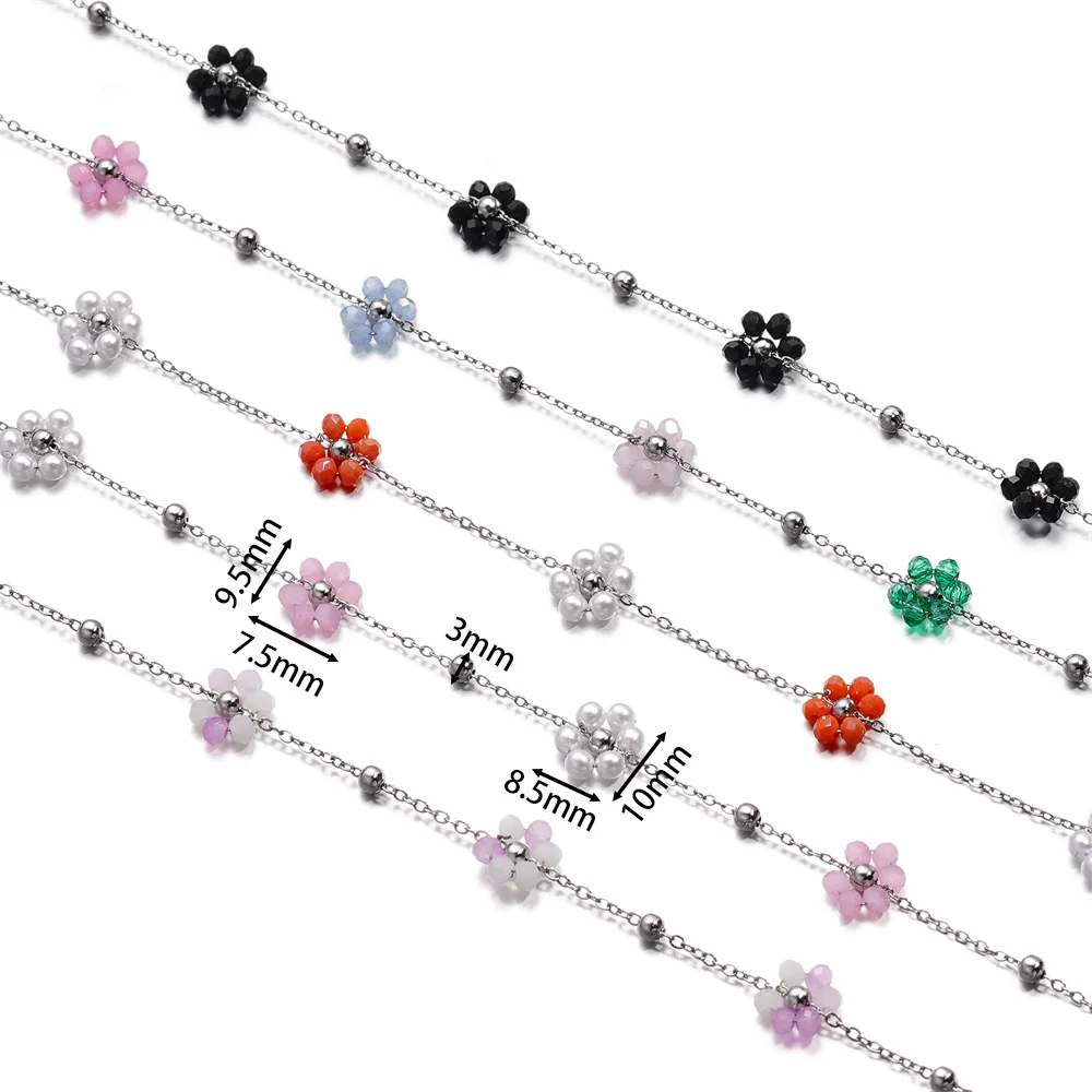 1 Meter Stainless Steel Pearl Braided Flowers Flat Link Chains for Crafts Necklaces Anklet Supplies DIY Jewelry Making Wholesale