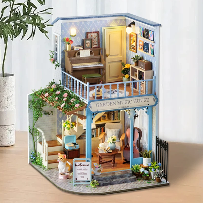 Holzfiguren Miniatur Puppenhaus Kit 3D Puzzle Gebäudemodell mit LED-Licht Puppenhäuser Spielzeug für Geburtstag Weihnachtsgeschenk