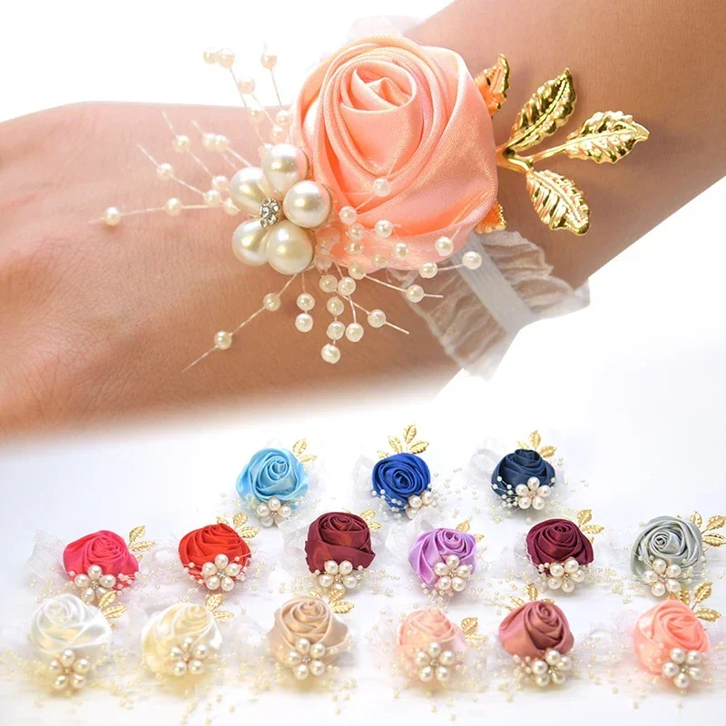 Fleurs de poignet de demoiselle d'honneur pour filles, boutonnière de fête de Rhde mariage, bracelet en satin rose, fleurs à la main en tissu, accessoires d'approvisionnement de mariage