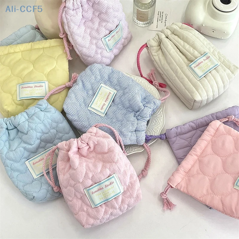 Ins Fashion Drawstring Bag Heart Handbag Women Wallets Portable Travel Cosmetic Makeup Lipstick Storage Bag Camera Organizer