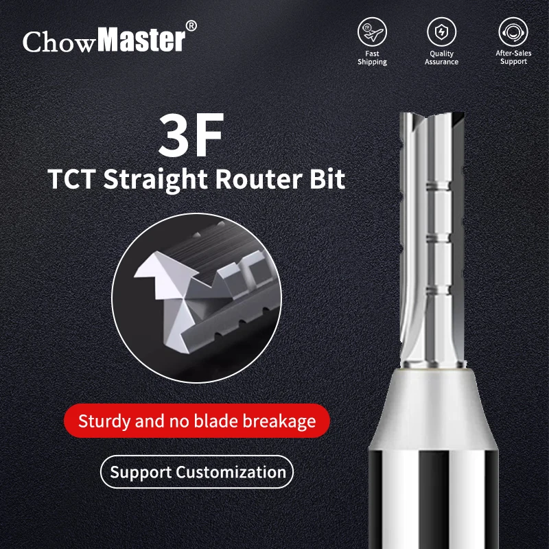 CHOWMASTER 3 Flutes TCT Straight Router Bit 3 Blades Cutting CNC Carbide Milling Cutter for Wood MDF Multilayer Particle Board