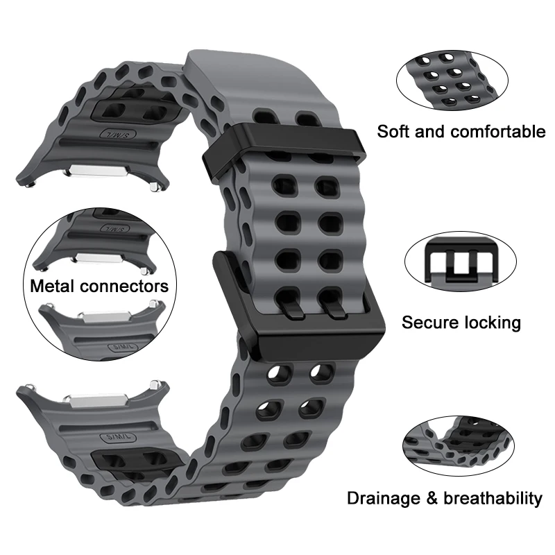 Two Color Silicone Band Compatible with Samsung Galaxy Watch Ultra Double Buckle Breathable Soft Strap for Galaxy Watch Ultra