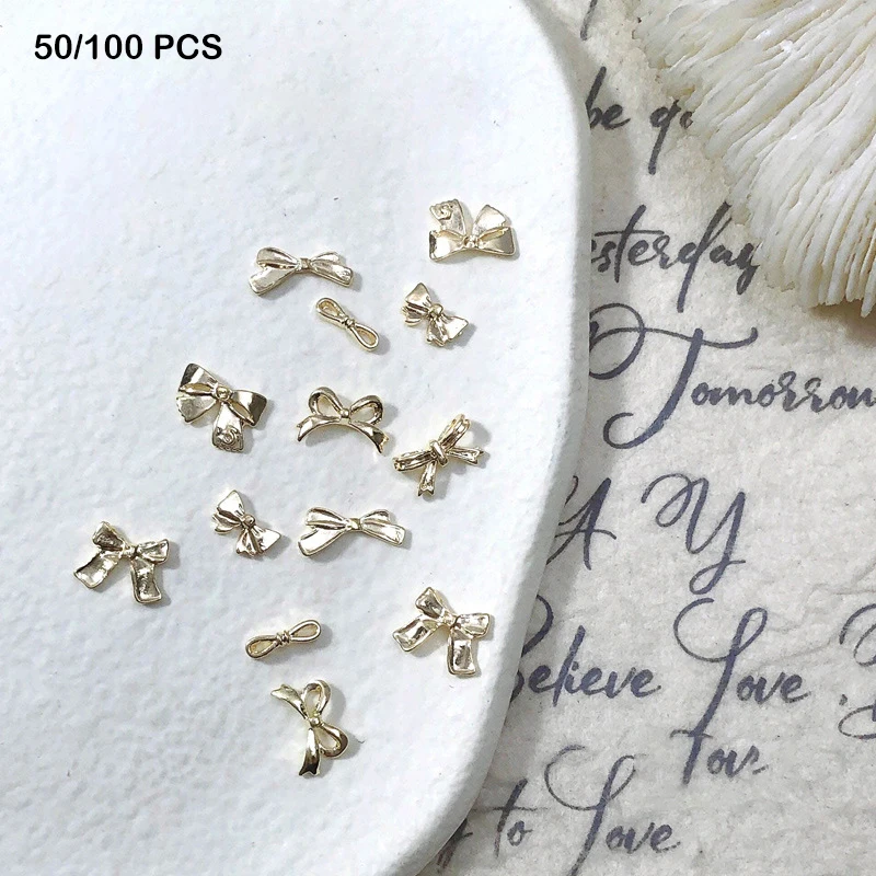 50/100PCS Silver Metal Bows Nail Art Charm 3D Alloy Silver/Gold Bowknot Ribbon Nail Decor Parts DIY Luxury Manicure Accessories