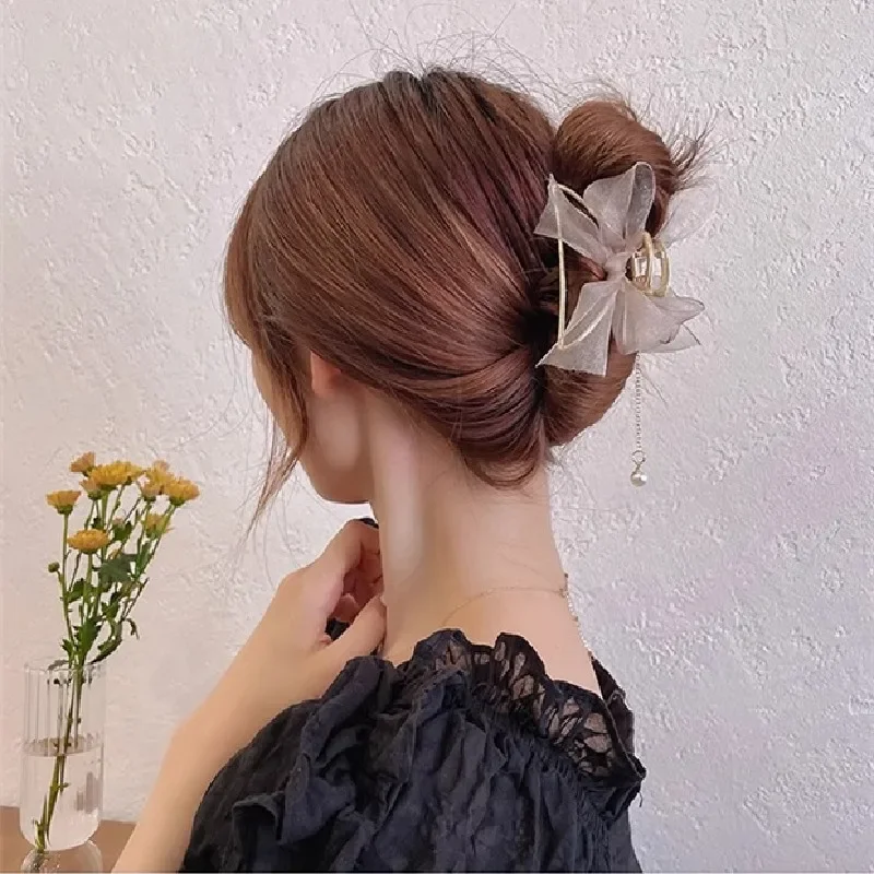 Женский минималистичный темперамент, заколка для волос и головной убор, зажим в виде акулы, сетчатый бант, зажим для захвата