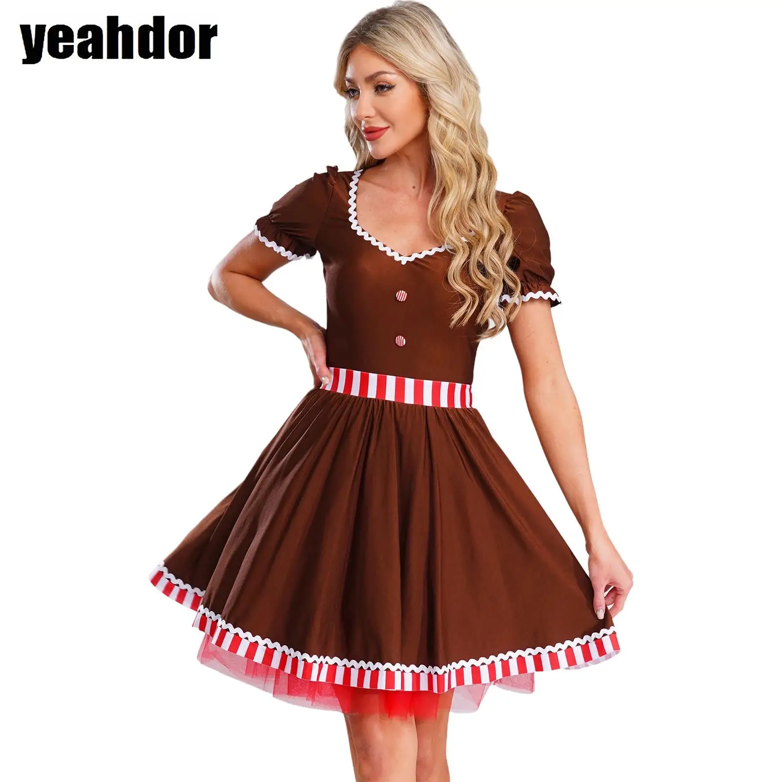 

Women Christmas Gingerbread Man Costume Candy Cane Tutu Dress Heart Neck Short Sleeve Ruffle Santa Cookie Man Party Ballet Dres