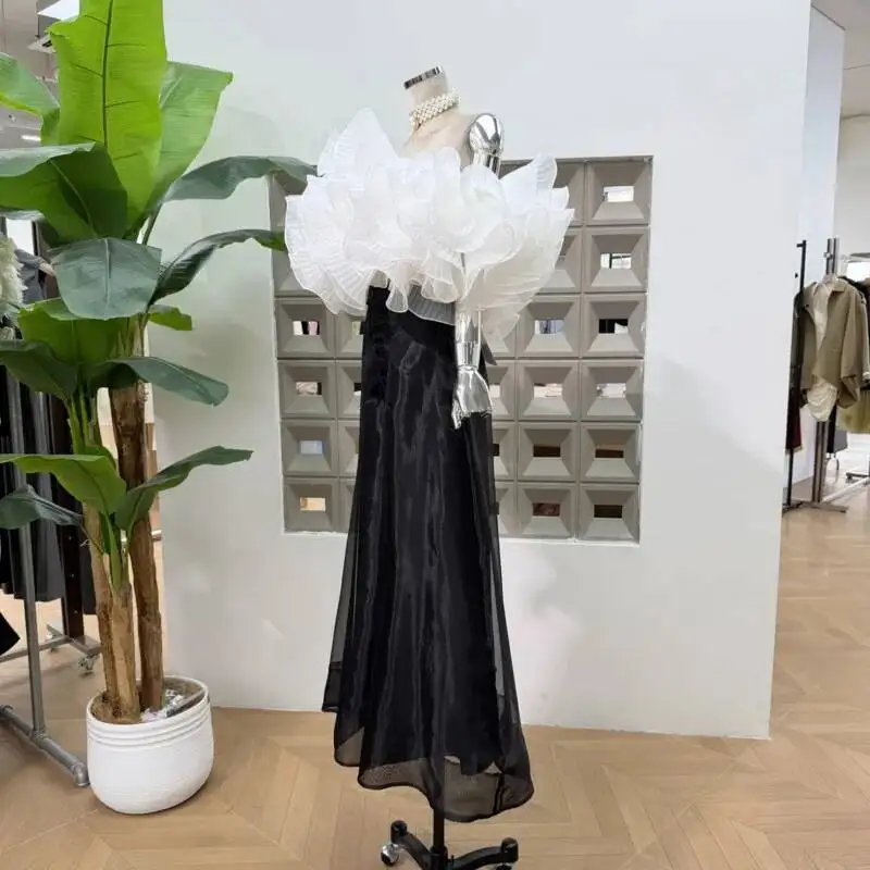 Spring Summer One Shoulder Wrinkled Fishing Line Wave Top Women High Waist Wide Leg Pants New 3AQJ3D