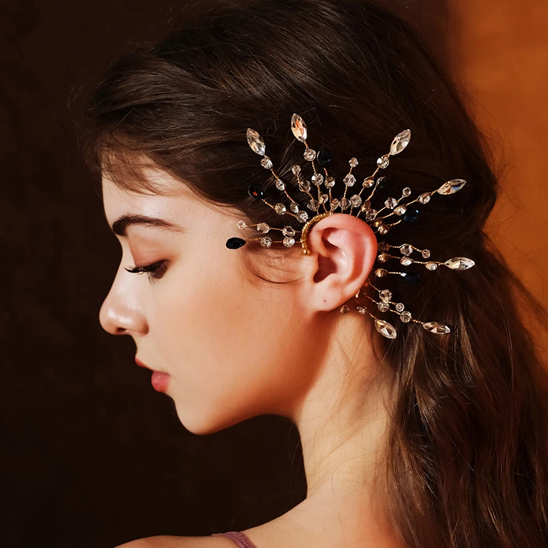 Gold color Alloy Leaf Earrings Flower Ear Clip For Women Baroque Exaggerated Beads Ear Cuff Clip Earrings Wedding Party Jewelry