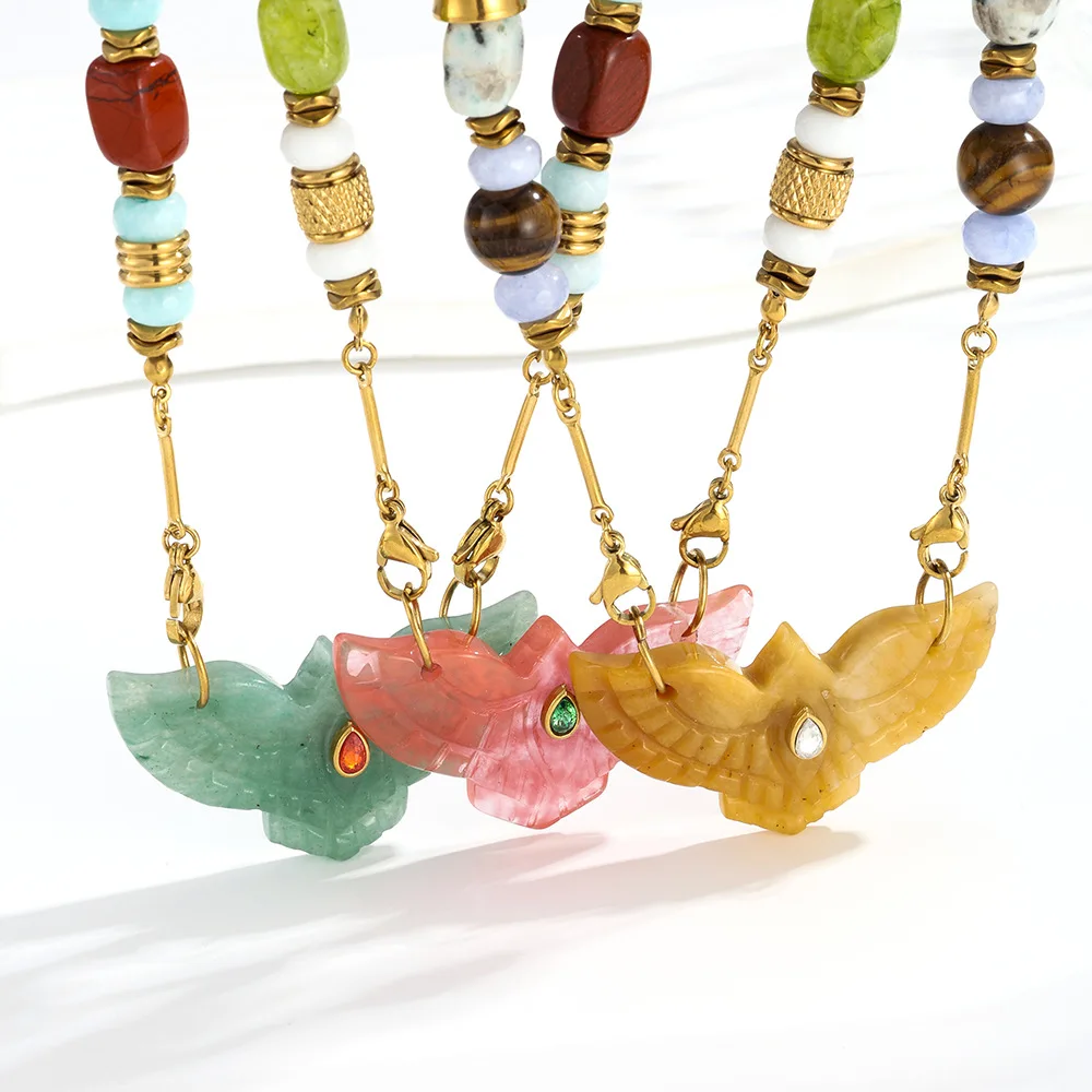 Green Aventurine Yellow Jade Watermelon Crystal Angel Eagle Inlaid Zircon Beaded Stone Jade Stainless Steel Necklace for Women