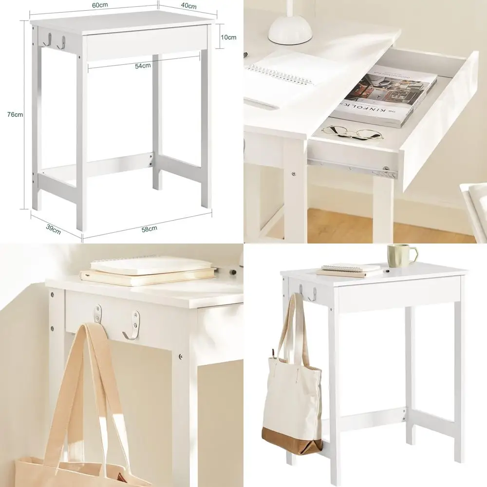 

Compact White Desk with Storage Drawers and Hooks, Ideal for Kids and Teens' Study Area