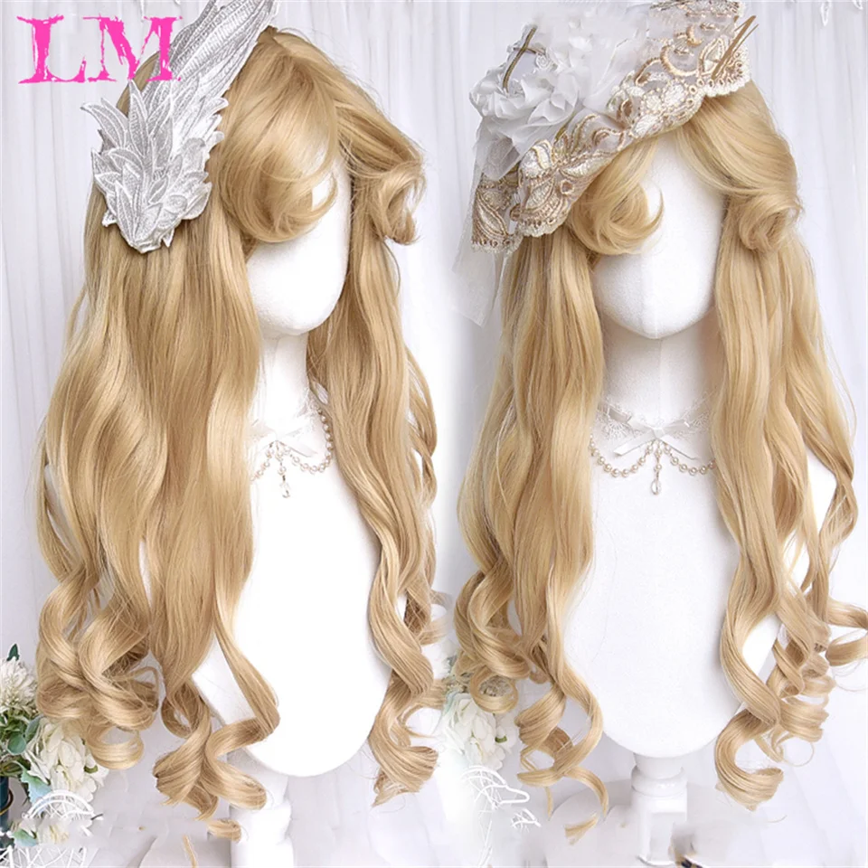 LM Long Natural Wavy Platinum Blonde Wigs With Bangs Cosplay Party Lolita Synthetic Wigs for Women Heat Resistant Fiber