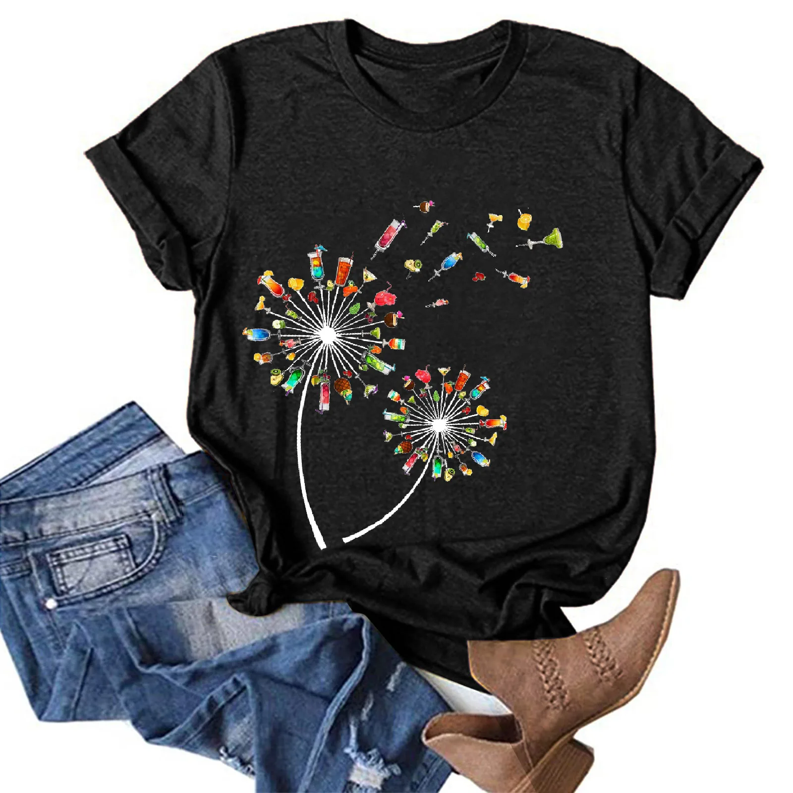 

Seeyoushy 2023 New Funny Women Tshirt Dandelion Print Short Sleeve Loose T Shirt Femme Summer Tshirt for Beach Holiday Top Mujer