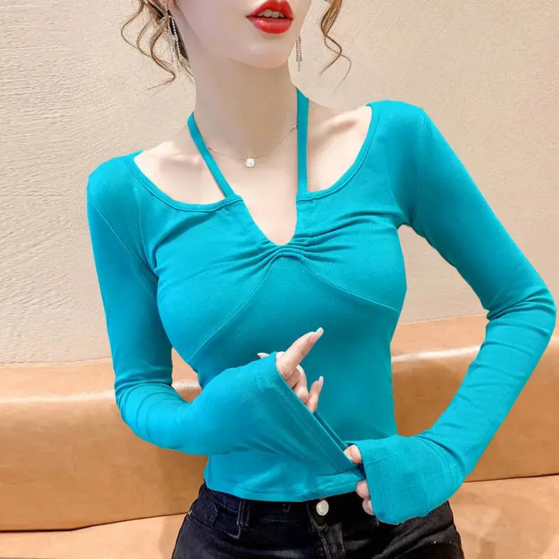 2023 New Spring and Autumn Fashion Sexy Hanging Neck V-Neck Exposed Collarbone Slimming Long Sleeve Oversize Spicy Girl T-shirt