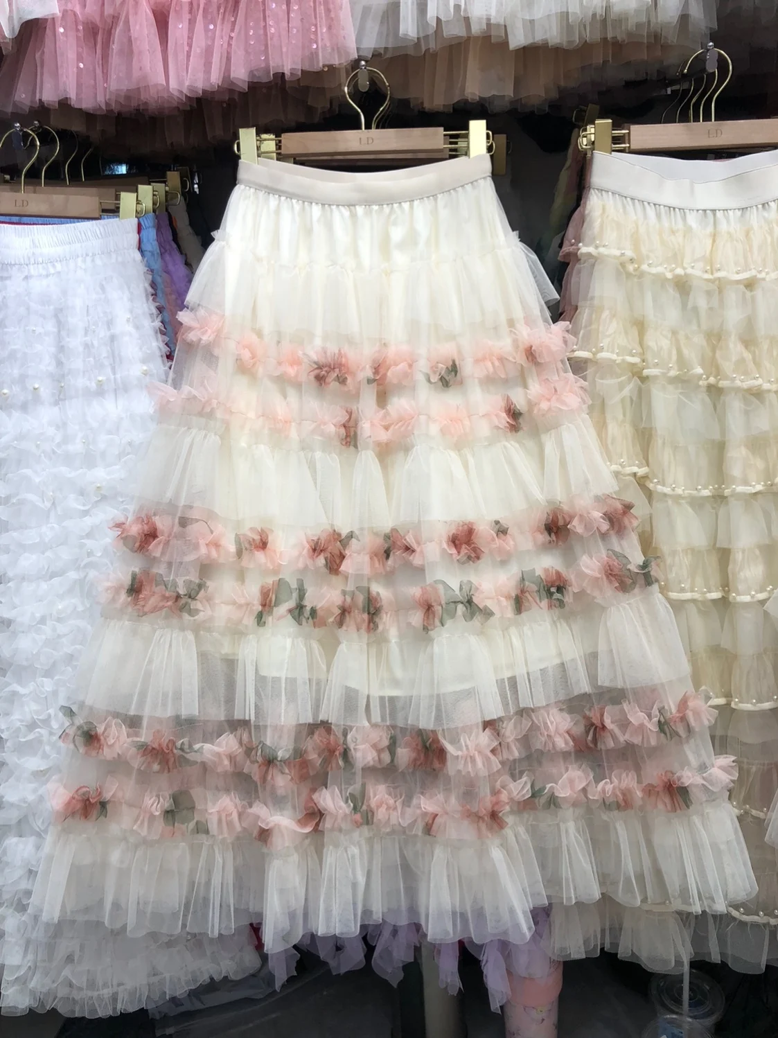 

Heavy Embellished Floral Cake Skirt High Waist Half-length A-line Gown with Lace Trim Polyester Fiber Summer New Style for Women