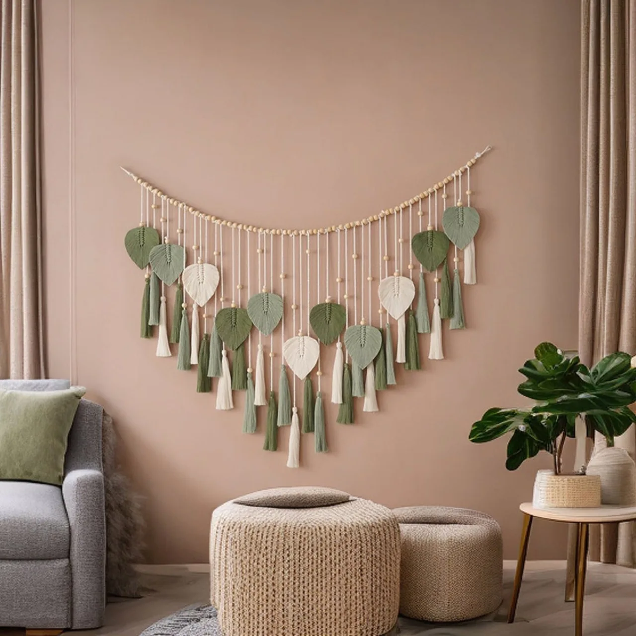 Large Macrame Wall Hanging Boho Handmade Woven Tapestry with Wood Beads and Leaf Wall Art Decor Macrame Tapestry for Bedroom