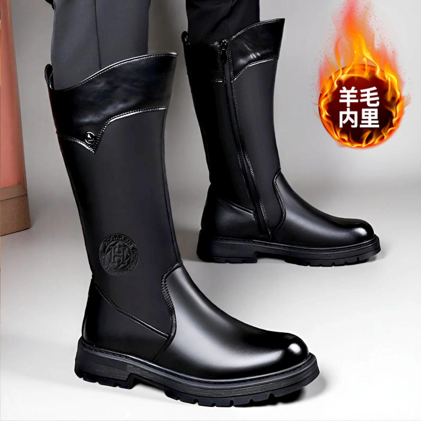 

Locomotive Boots Men's Leather Tall Chelsea Wool Warm Fleece Desert Height Western Cowboy Outdoor Motorcycle Military Combat