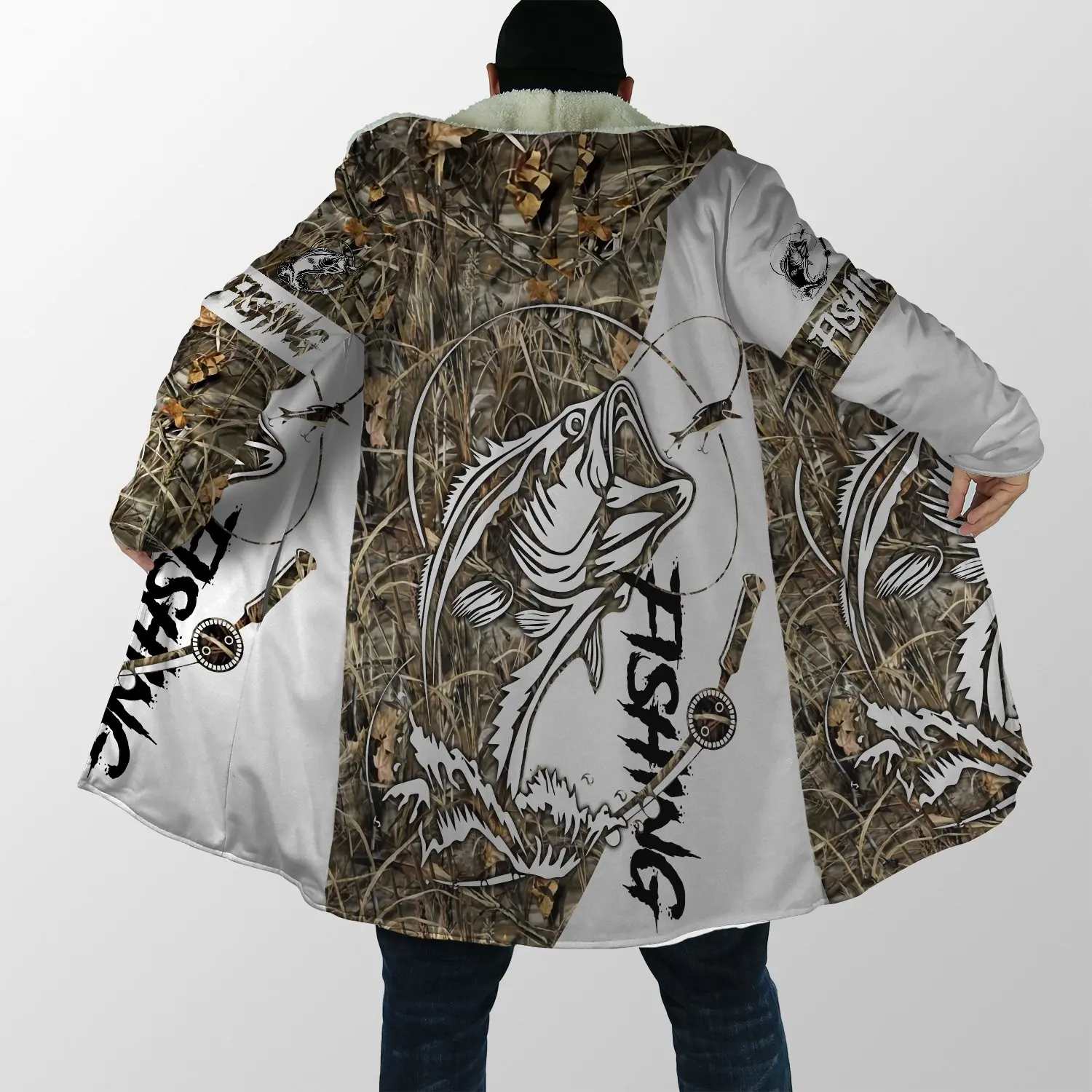 New Men's Winter Hooded Cape Fishing Art 3D Printing Fashion Thick Wool Hooded Cape Unisex Street Casual Warm Hooded Cape Coat