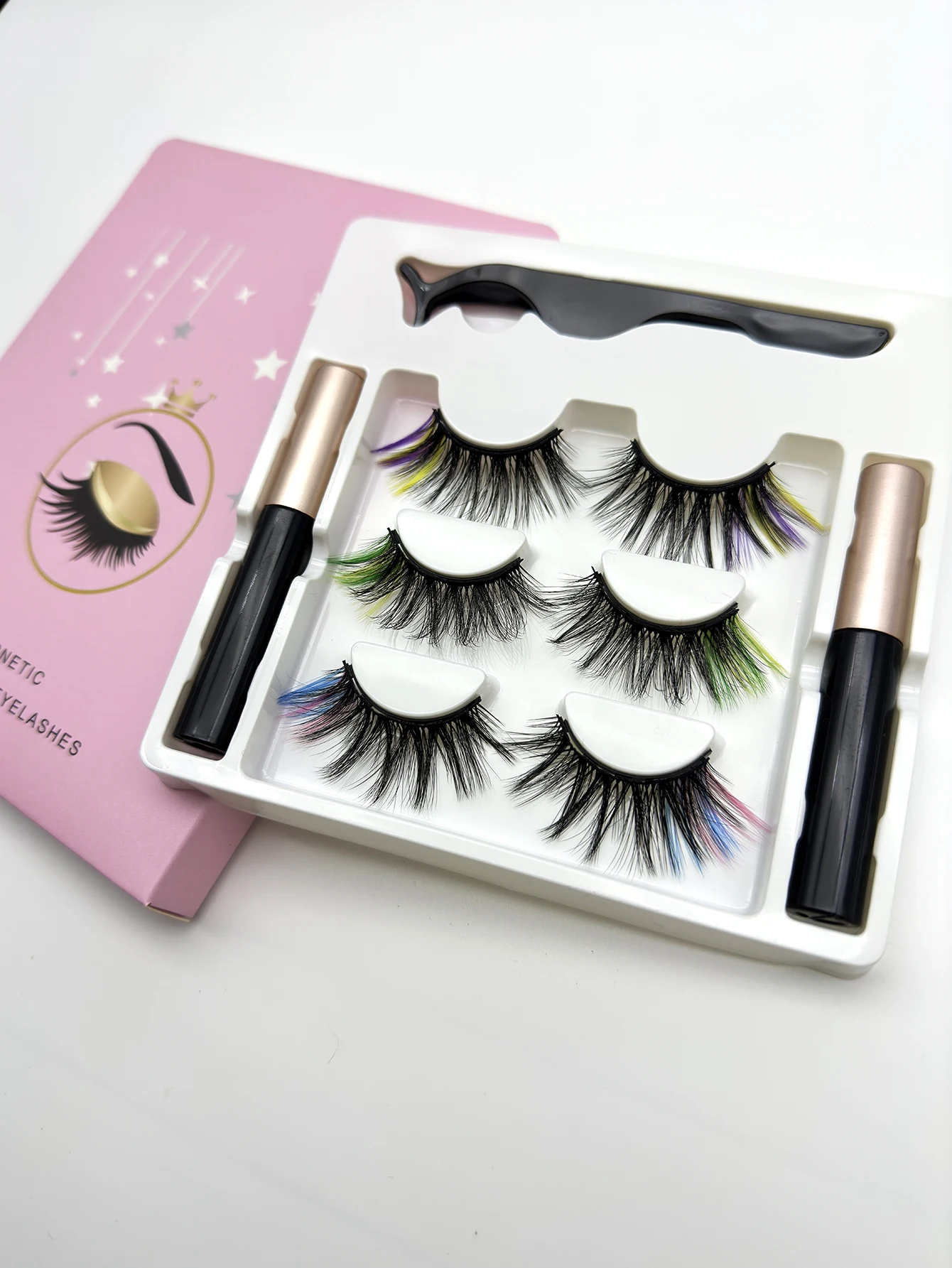 3 paar handgemaakte kleur valse wimpers, eyeliner pen, vlekvrije, lekvrije valse wimpers, eyeliner pen set