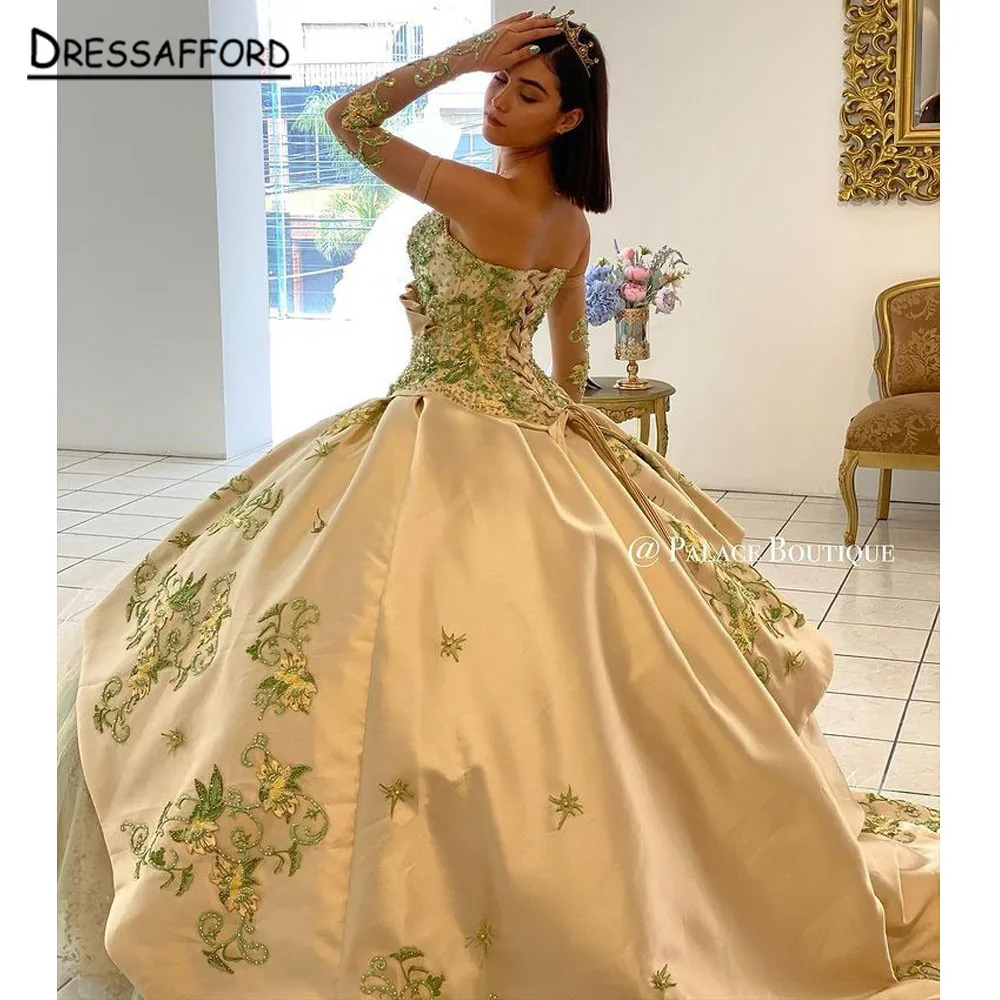 Ouro bordado beading cristal quinceanera vestido de baile querida plissado saia em camadas espartilho vestido de 15 anos