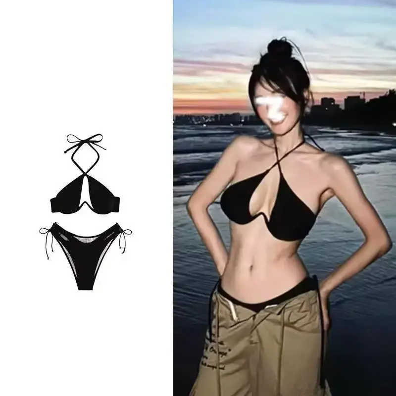 

Swimsuit women's new black sexy bikini split steel tray small chest gathering hanging neck hollow holiday hot spring swimsuit