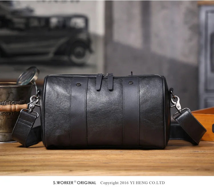 Outdoor-Reisen hochwertige echtes Leder Herren schwarze Zylinder Umhängetasche lässig Designer handgefertigte Rindsleder Umhängetasche – Detail 12