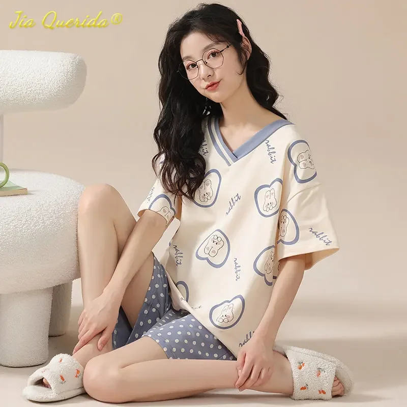 Kawaii Rabbit Print Women\'s Pajamas Set 100% Cotton High Quality Pijamas Short Sleeve Nightwear Fashion Lingerie Sleep Wear