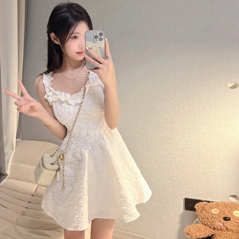 Korean INS Style Solid Color Women Dress Lolita Elegant Sweet Lace-up Fairy Princess Party White Dresses