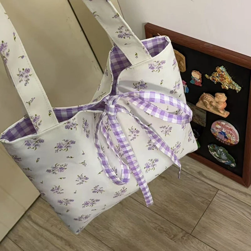 

1PC Korean Floral Bow Tie Canvas Tote Bag For Womens Spring Summer Casual Large Capacity Single Shoulder Bag Gift