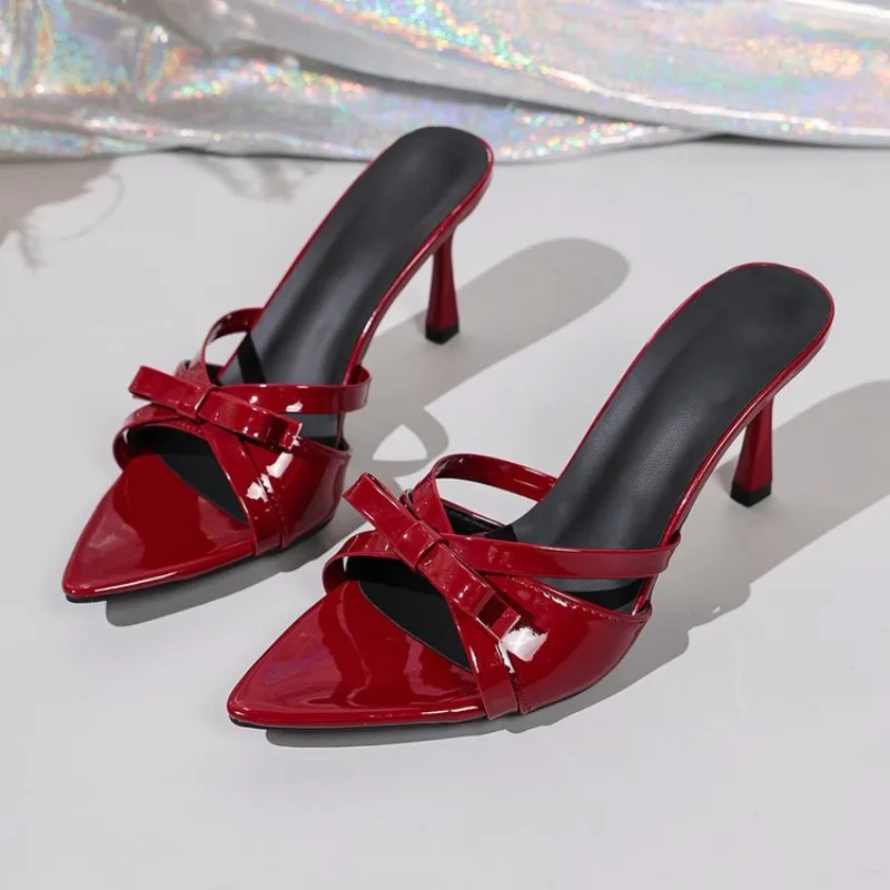

Plus Size Stiletto Slippers Women's Versatile Pointed Toe Patent Leather Cutout Bow Pumps Elegant Stiletto High Heel Sandals