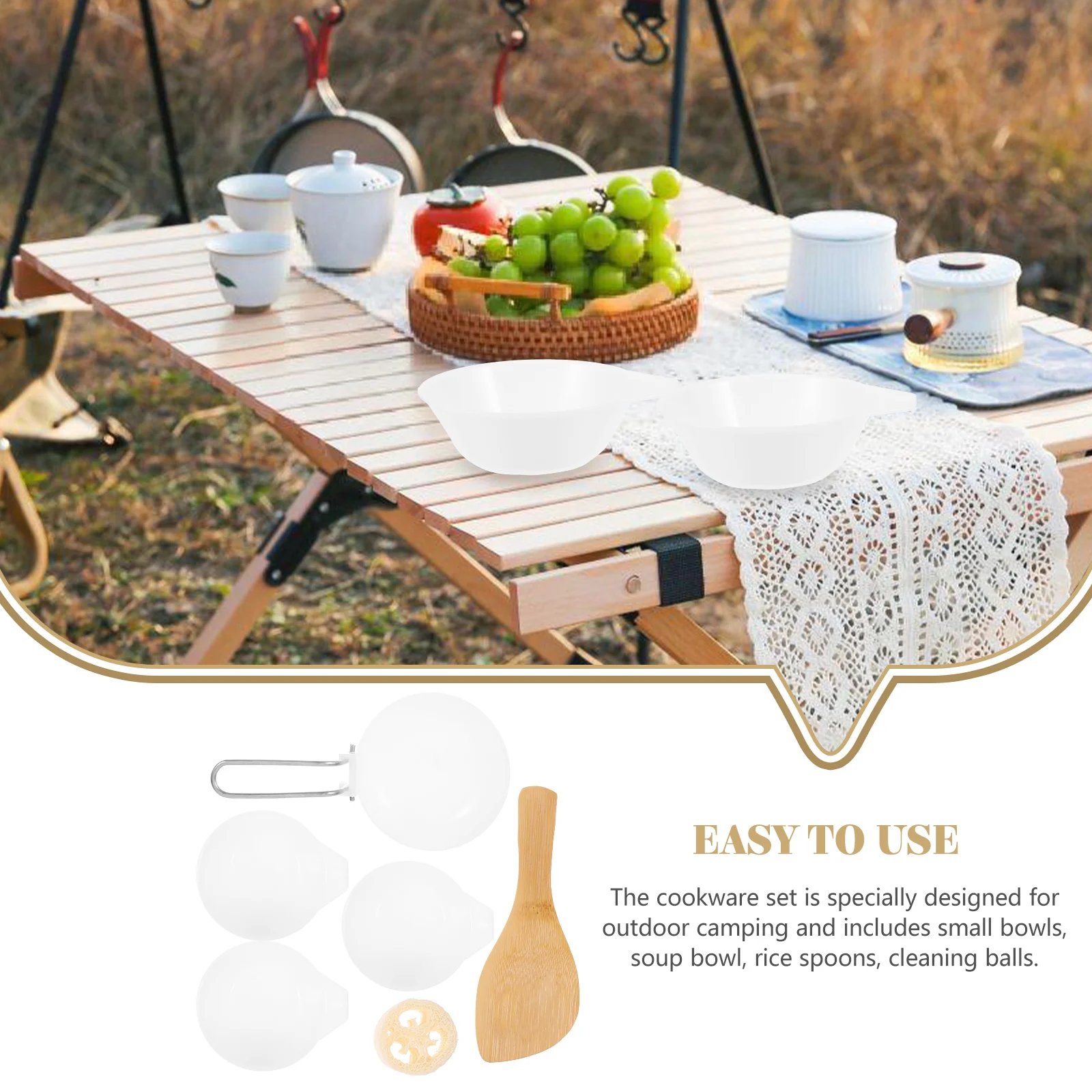 

1 set Compact Reusable Plastic Camping Cookware Set Lightweight Portable Small Bowls Spoons Cleaning for Outdoor Activities