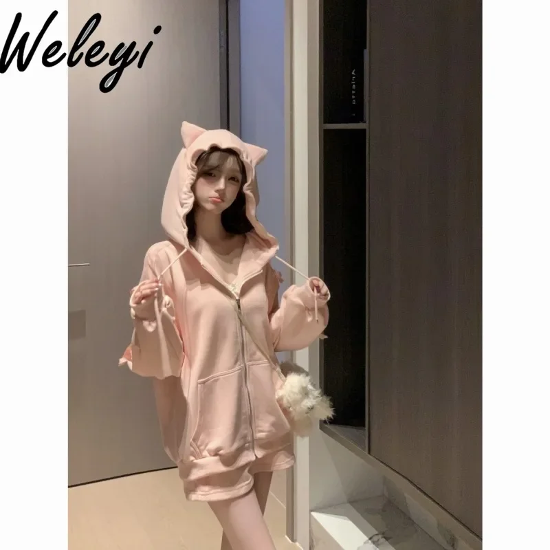 

Ropa Para Mujer Kawaii Sweet Two Piece Suit 2024 Autumn Fashion New Cute Style Back Bow Loose Hooded Hoodies Jacket Short Skirt