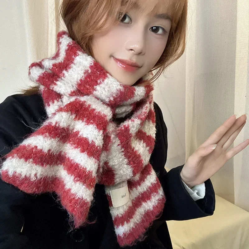 Korean Sle Striped Knitted Scarf Women Winter 2024 New All-Match High-Grade Wool Warm Christmas and New Year Gift