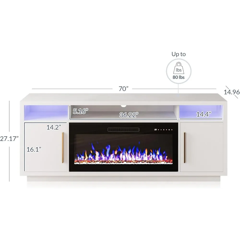 70-Zoll-Kamin-TV-Ständer für Fernseher bis zu 75 Zoll, LED-Licht-Entertainment-Center mit 36-Zoll-elektrischer Kaminheizung, Aufbewahrungsschrank