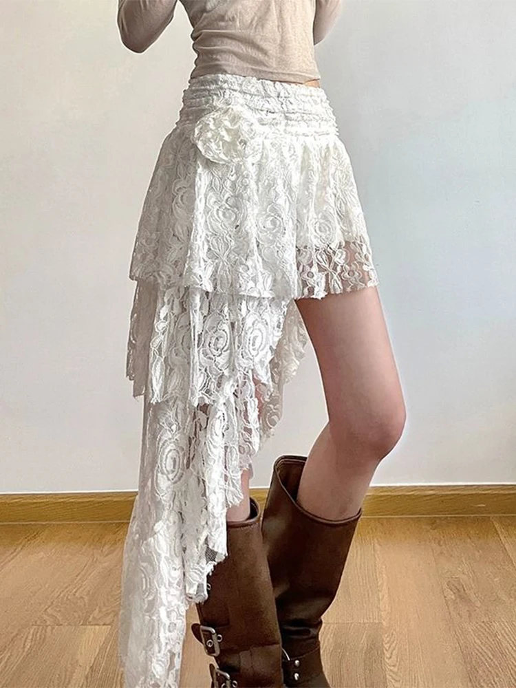 Saia midi curta fena, saia midi assimétrica de renda rosa branca, cintura alta, primavera verão