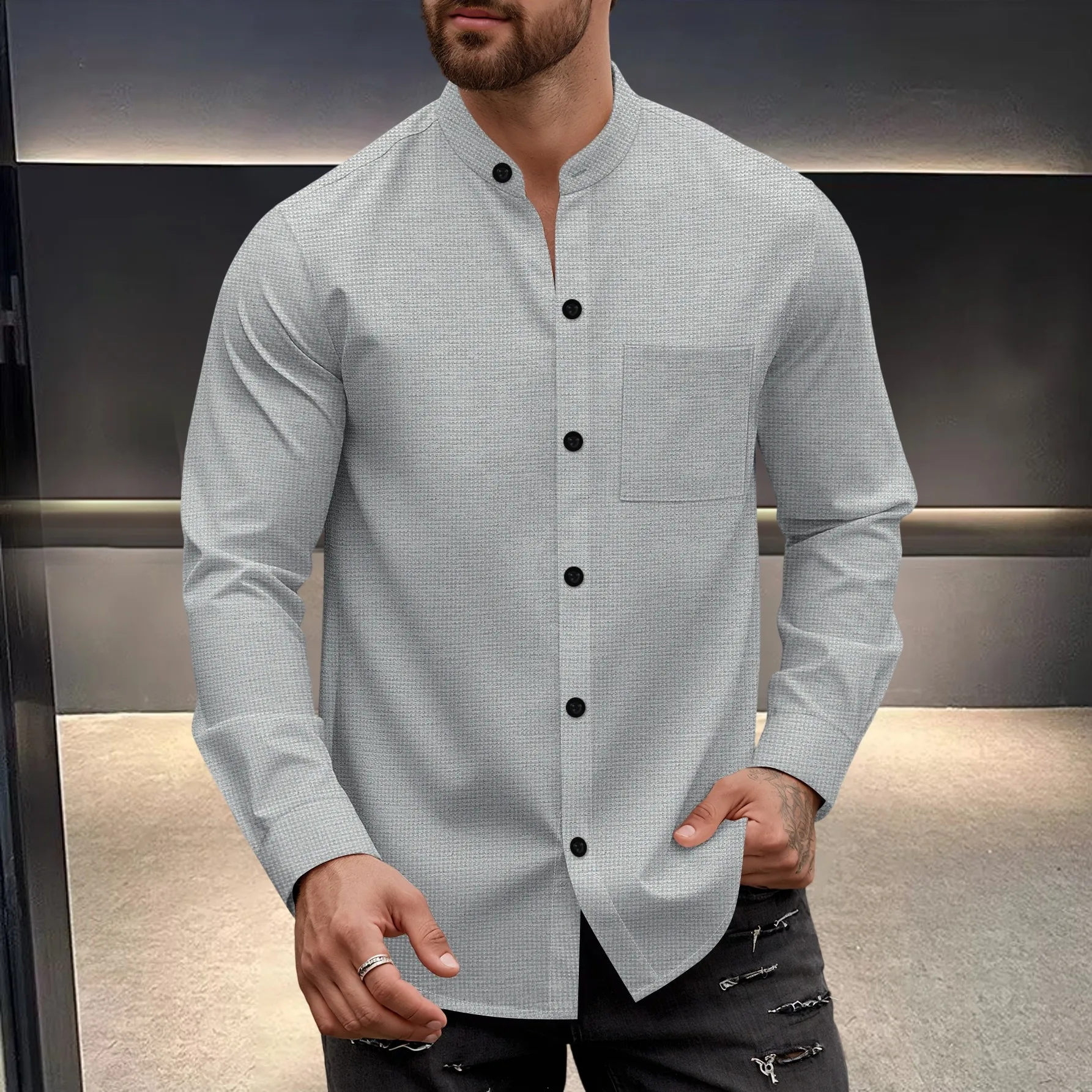 Autumn New Men's Stand-up Collar Shirt Waffle Check Long-sleeved Top Business Casual Versatile Solid Color Shirt