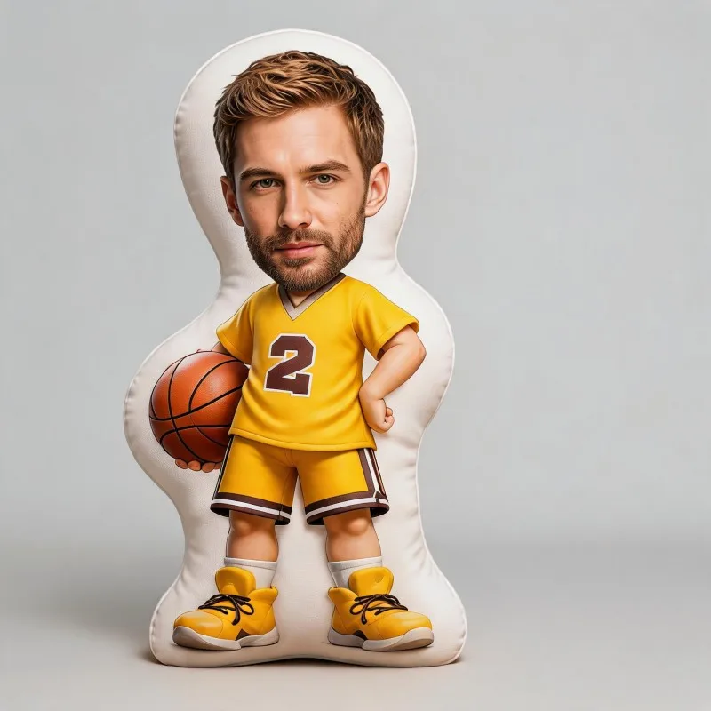 Custom Personalized Photo Basketball Player Shaped Pillow, Yellow Jersey Custom Face Decorative Cushion, Unique Home Decor Accen