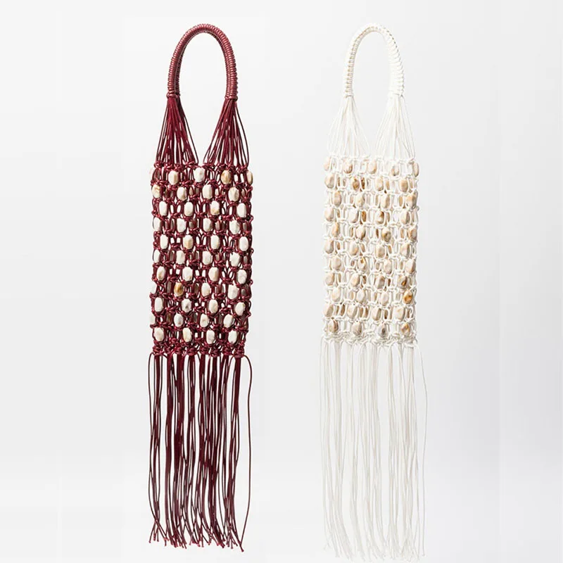 New Trendy Rope Beaded Handbag For Women,Retro Bohemian Design Hand Woven Tassel Bag Casual Travel Hollow Out Bead Vacation Bag