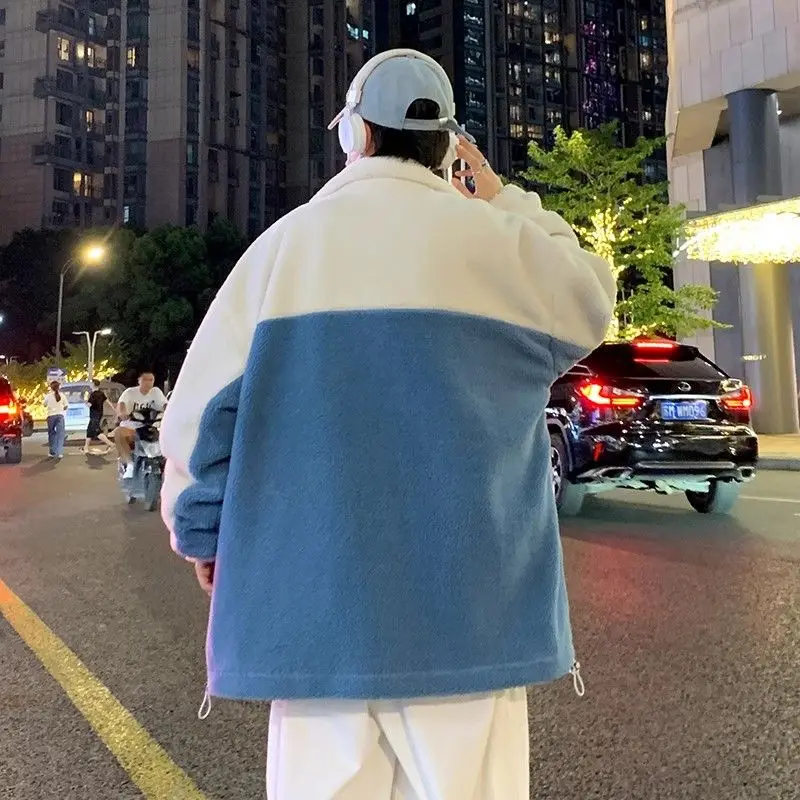 

Loose Fit Lamb Velvet Cotton Jaet for Men Casual Hong Kong Sle Color Blo Winter Outerwear Stand Edition Youth